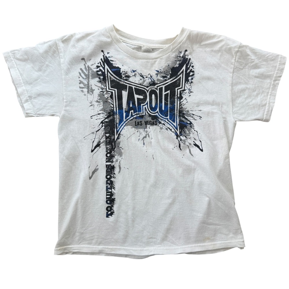Tapout Las Vegas Splatter Graphic T-Shirt Y2K MMA Small White Blue